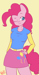 Size: 800x1550 | Tagged: safe, artist:redprep, pinkie pie, earth pony, anthro, g4, breasts, clothes, cute, female, hand on hip, one eye closed, skirt, solo, wink