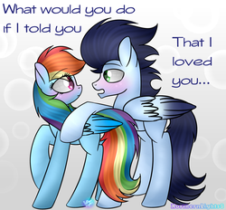Size: 1024x951 | Tagged: safe, artist:northlights8, rainbow dash, soarin', pony, g4, colored wings, colored wingtips, duo, male, ship:soarindash, shipping, straight
