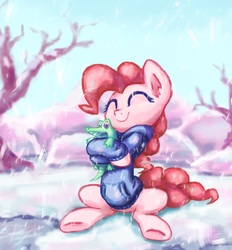 Size: 4300x4642 | Tagged: safe, artist:inowiseei, part of a set, gummy, pinkie pie, alligator, earth pony, pony, g4, absurd resolution, clothes, cute, diapinkes, eyes closed, female, happy, hoodie, hug, mare, sitting, smiling, snow, snowfall, sweater, winter