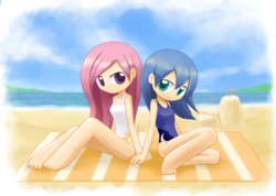 Size: 1688x1200 | Tagged: safe, artist:howxu, princess celestia, princess luna, human, g4, anatomically incorrect, barefoot, beach, chibi, clothes, cute, cutelestia, duo, feet, female, filly, humanized, incorrect leg anatomy, looking at you, lunabetes, ocean, one-piece swimsuit, open mouth, pink-mane celestia, sandcastle, smiling, swimsuit, towel, woona, younger