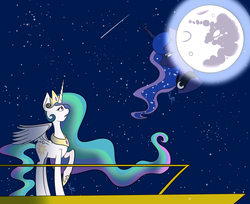 Size: 1850x1510 | Tagged: safe, artist:darkstardrawing, princess celestia, princess luna, alicorn, pony, g4, balcony, crying, female, frown, full moon, gritted teeth, hoof shoes, jewelry, lidded eyes, lonely, looking at each other, looking down, looking up, mare, mare in the moon, moon, night, open mouth, peytral, raised hoof, regalia, royal sisters, sad, shooting star, shooting stars, smiling, solo, spread wings, stars, teary eyes, tiara