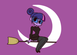 Size: 2100x1500 | Tagged: safe, artist:khuzang, sci-twi, twilight sparkle, equestria girls, g4, adorkable, bewitched, broom, clothes, crescent moon, cute, dork, female, flying, flying broomstick, glasses, looking back, moon, night, nightmare night, sitting, smiling, socks, solo, tangible heavenly object, thigh highs, transparent moon, twiabetes, witch