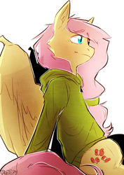 Size: 809x1143 | Tagged: safe, artist:suplolnope, fluttershy, g4, clothes, creepershy, female, hoodie, sitting, solo