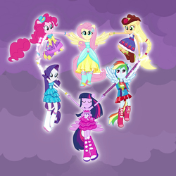 Size: 1080x1080 | Tagged: safe, screencap, applejack, fluttershy, pinkie pie, rainbow dash, rarity, twilight sparkle, equestria girls, g4, my little pony equestria girls, boots, clothes, cropped, dress, fall formal outfits, female, glowing, high heel boots, mane six, ponied up, ponytail, wings