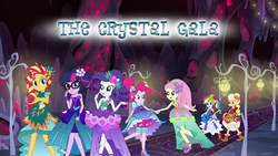Size: 1280x720 | Tagged: safe, screencap, applejack, fluttershy, pinkie pie, rainbow dash, rarity, sci-twi, sunset shimmer, twilight sparkle, equestria girls, g4, my little pony equestria girls: legend of everfree, official, alternate hairstyle, clothes, crystal gala, dress, female, gala dress, high heels, humane five, humane seven, humane six, title card, youtube link