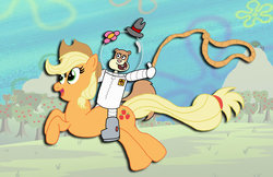 Size: 1024x663 | Tagged: safe, artist:sinkcandycentral, applejack, earth pony, pony, squirrel, g4, crossover, duo, lasso, monika pikuła, polish, riding, sandy cheeks, sitting on person, sitting on pony, spacesuit, spongebob squarepants, voice actor joke