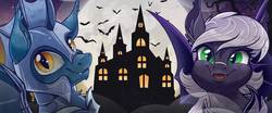 Size: 2000x833 | Tagged: dead source, source needed, useless source url, safe, artist:jadedjynx, oc, oc only, oc:saros, oc:spirit chaser, bat pony, pony, duo, fangs, full moon, happy, haunted house, looking at you, nightmare nights dallas, open mouth, poster, royal guard, slit pupils, smiling