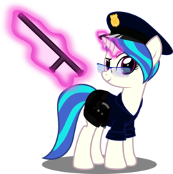 Size: 3000x3015 | Tagged: safe, artist:up1ter, dj pon-3, vinyl scratch, pony, unicorn, g4, belt, clothes, female, glasses, hat, high res, magic, mare, pants, peaked cap, police baton, police officer, simple background, solo, transparent background