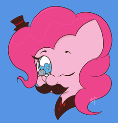 Size: 770x800 | Tagged: safe, artist:hedgehog-plant, pinkie pie, earth pony, pony, g4, bust, facial hair, female, hat, heart eyes, mare, monocle, moustache, portrait, simple background, solo, top hat, wingding eyes