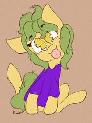 Size: 721x960 | Tagged: safe, artist:hedgehog-plant, oc, oc only, oc:sugarsnap, pony, clothes, sitting, solo, tongue out