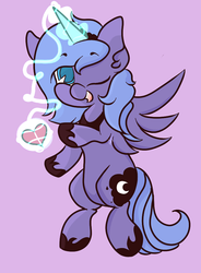 Size: 707x960 | Tagged: safe, artist:hedgehog-plant, princess luna, alicorn, pony, g4, bipedal, female, heart, magic, mare, one eye closed, s1 luna, simple background, solo, spread wings, wink