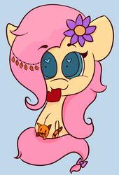 Size: 654x960 | Tagged: safe, artist:hedgehog-plant, fluttershy, cat, pegasus, pony, g4, female, flower, flower in hair, heart, heart eyes, mare, mouth hold, simple background, sitting, solo, wingding eyes