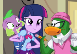Size: 1280x896 | Tagged: safe, edit, edited screencap, screencap, spike, twilight sparkle, bird, dog, penguin, equestria girls, g4, my little pony equestria girls, clothes, club penguin, downvote bait, female, glasses, male, pencil, spike the dog, why