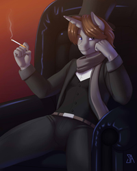 Size: 2000x2500 | Tagged: safe, artist:souladdicted, oc, oc only, oc:tick tock, unicorn, anthro, anthro oc, cigarette, clothes, high res, looking at you, multiple variants, smoking, solo