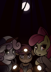 Size: 1024x1434 | Tagged: dead source, safe, artist:whitepone, apple bloom, scootaloo, sweetie belle, earth pony, pegasus, pony, unicorn, g4, cutie mark crusaders, moon, stranger things, trio