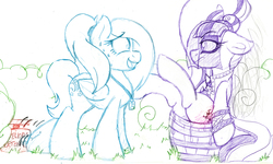 Size: 2111x1264 | Tagged: safe, artist:pearlyiridescence, coloratura, earth pony, pony, g4, bucket, burn, burned, burned butt, bush, clothes, countess coloratura, female, floppy ears, lidded eyes, literal butthurt, looking at each other, mare, nervous, open mouth, sitting, sketch, sweat, sweatdrop, water, wavy mouth, wide eyes