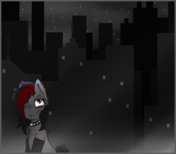 Size: 1942x1704 | Tagged: safe, artist:lazerblues, oc, oc only, oc:miss eri, black and red mane, city, cityscape, clothes, collar, gloves, piercing, solo, two toned mane