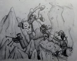 Size: 2236x1785 | Tagged: safe, artist:coolumbus, oc, oc only, oc:franz, pony, austro-hungarian, bipedal, cliff, falling, gun, imminent death, italian, machine gun, male, monochrome, mountain, rifle, rope, stallion, this will end in tears and/or death, traditional art, weapon, world war i
