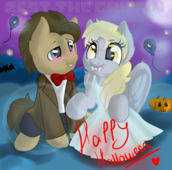 Size: 1090x1076 | Tagged: safe, artist:zestthegriffin, derpy hooves, doctor whooves, time turner, pegasus, pony, g4, blazer, blushing, bowtie, clothes, costume, doctor who, duo, eleventh doctor, female, halloween, male, mare, matt smith, ship:doctorderpy, shipping, shirt, straight, tweed, watermark, weeping angel