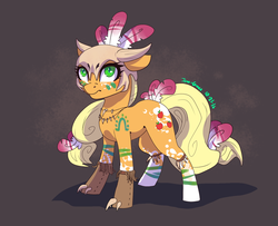 Size: 1024x832 | Tagged: safe, artist:joan-grace, part of a set, applejack, earth pony, pony, g4, claws, feather, female, floppy ears, helmet, mare, part of a series, solo, tassels, tribal