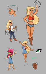 Size: 1024x1638 | Tagged: safe, artist:joan-grace, apple bloom, applejack, human, g4, barefoot, belly button, clothes, daisy dukes, dungarees, feet, freckles, front knot midriff, humanized, jeans, midriff, pants, rope, shirt, shorts, simple background, vest