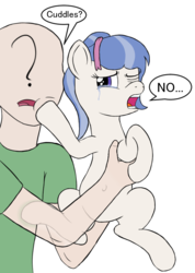 Size: 725x1021 | Tagged: safe, artist:dopeedit, oc, oc only, oc:anon, oc:cutie stripe, human, pony, belly, belly button, crying, do not want, female, filly, holding a pony, non-consensual cuddling, open mouth, ribbon, simple background, speech bubble, text, white background