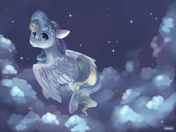 Size: 2048x1536 | Tagged: safe, artist:domidelance, vapor trail, pegasus, pony, g4, top bolt, cloud, female, flying, looking back, mare, night, solo, stars