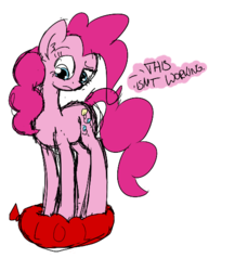 Size: 479x552 | Tagged: safe, artist:shikogo, colorist:qtluna, edit, pinkie pie, g4, balloon, balloon popping, female, party balloon, simple background, sketch, solo, text, transparent background