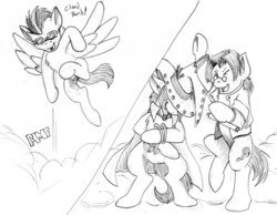 Size: 1024x795 | Tagged: safe, artist:thedigodragon, oc, oc only, oc:dichoro the great, oc:doc wagon, oc:moonshadow, earth pony, pegasus, pony, black and white, cloud, cloud bomb, dancing, flying, glowstick, grayscale, monochrome, rave, simple background, sketch, white background