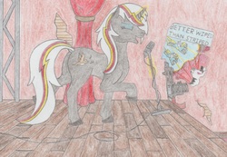 Size: 1242x860 | Tagged: safe, artist:agentappleblanket, oc, oc only, oc:velvet remedy, pegasus, pony, unicorn, zebra, fallout equestria, butt, colored hooves, combat shotgun, dock, eyes closed, fanfic, fanfic art, female, glowing horn, gun, hooves, horn, magic, mare, microphone, open mouth, pencil drawing, plot, poster, propaganda, red eyes, singing, solo, stage, telekinesis, traditional art, weapon
