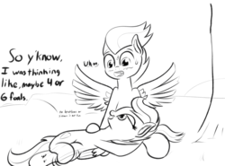 Size: 1024x757 | Tagged: safe, artist:cosmonaut, rumble, scootaloo, pegasus, pony, g4, blushing, colt, cutie mark, dialogue, female, filly, lineart, male, monochrome, ship:rumbloo, shipping, straight, sweat, sweatdrop, the cmc's cutie marks, wingboner, wings