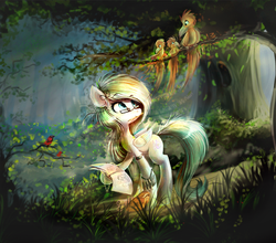 Size: 2400x2113 | Tagged: safe, artist:ramiras, oc, oc only, oc:amaranthine sky, bird, pegasus, pony, book, commission, forest, glasses, high res, mouth hold, path, pencil, scenery, solo, tree