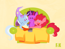 Size: 4900x3720 | Tagged: safe, artist:fluttershythekind, pinkie pie, trixie, twilight sparkle, pony, unicorn, g4, blanket, couch, female, food, mare, open mouth, pointy ponies, popcorn, remote control, ship:twixiepie, smiling, trixie's hat