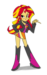Size: 505x800 | Tagged: safe, artist:nickswift, color edit, edit, sunset shimmer, equestria girls, g4, boots, breasts, busty sunset shimmer, cleavage, clothes, colored, female, hand on hip, high heel boots, high heels, jacket, leather jacket, simple background, skirt, skirt lift, smirk, solo, white background