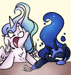 Size: 7016x7386 | Tagged: safe, artist:cutepencilcase, nightmare moon, princess celestia, princess luna, alicorn, pony, g4, absurd resolution, cake, cakelestia, cheek fluff, chest fluff, female, floppy ears, fluffy, food, frown, lidded eyes, looking down, mare, open mouth, plate, simple background, smirk, spread wings, table, teasing, this will end in tears and/or a journey to the moon, troll, trolluna, wide eyes