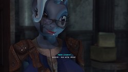 Size: 1920x1080 | Tagged: safe, artist:appletart, screencap, trixie, anthro, g4, 3d, armor, breasts, busty trixie, dialogue, fallout 4, female, game mod, glasses, mod, solo