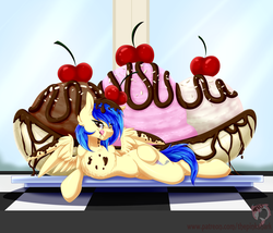 Size: 3500x3000 | Tagged: safe, artist:pinktabico, oc, oc only, oc:silvia windmane, pegasus, pony, banana, chocolate, commission, draw me like one of your french girls, high res, ice cream, napoleon, plate, solo, strawberry, table, tongue out, vanilla