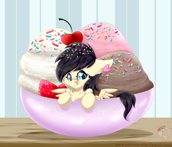 Size: 3500x3000 | Tagged: safe, artist:pinktabico, oc, oc only, oc:dino, pegasus, pony, bowl, cherry, chest fluff, chocolate, commission, cute, dessert, high res, ice cream, napoleon, smiling, solo, sprinkles, strawberry, table, vanilla, wavy mouth