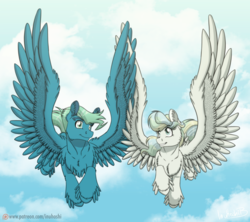 Size: 1024x911 | Tagged: safe, artist:inuhoshi-to-darkpen, sky stinger, vapor trail, pegasus, pony, g4, top bolt, chest fluff, cloud, duo, ear fluff, feathered fetlocks, female, fluffy, flying, male, mare, ship:vaporsky, shipping, sky, spread wings, stallion, straight, unshorn fetlocks, wings