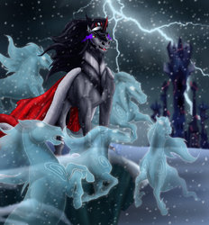 Size: 861x929 | Tagged: safe, artist:megbeth, king sombra, earth pony, pony, unicorn, windigo, g4, crystal empire, lightning, male, snow, snowfall, stallion