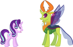 Size: 4676x3000 | Tagged: safe, artist:uponia, starlight glimmer, thorax, changedling, changeling, pony, unicorn, g4, to where and back again, changeling king, duo, female, high res, king thorax, male, mare, open mouth, simple background, spread wings, surprised, transparent background, vector, wings