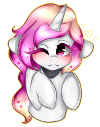Size: 1024x1300 | Tagged: safe, artist:alliedrawsart, oc, oc only, oc:orchid blossom, pony, unicorn, blushing, choker, cute, female, floppy ears, heart, mare, one eye closed, simple background, solo, transparent background, wink