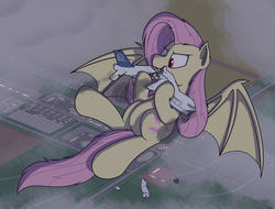 Size: 2665x2030 | Tagged: safe, artist:rapidstrike, part of a set, fluttershy, bat pony, pony, series:giant flutterbat, g4, abdominal bulge, aerial view, airport, belly, biting, destruction, eating, featureless crotch, female, fetish, flutterbat, flutterpred, flying, food baby, giant pony, high res, hoof hold, kitchen eyes, loss (meme), macro, object vore, part of a series, plane, ponies eating humans, red eyes, round belly, scenery, solo, tail, this will end in death, vore, windswept tail