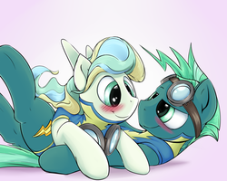 Size: 2500x2000 | Tagged: safe, artist:sea-maas, sky stinger, vapor trail, pegasus, pony, g4, season 6, top bolt, blushing, couple, cuddling, cute, duo, eye contact, female, goggles, high res, lidded eyes, male, mare, on back, on top, ship:vaporsky, shipping, simple background, smiling, snuggling, stallion, stingerbetes, straight, vaporbetes, wonderbolt trainee uniform