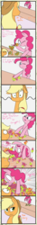Size: 1100x6740 | Tagged: safe, artist:jonathan the awesome, derpibooru exclusive, applejack, candy apples, pinkie pie, g4, ..., apple, apple family member, backbend, comic, floppy ears, food, one eye closed, ponk, rick and morty, screaming, wat