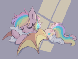 Size: 2736x2089 | Tagged: safe, artist:hawthornss, oc, oc only, oc:paper stars, bat pony, pony, amputee, cute, cute little fangs, day, ear fluff, eyes closed, fangs, high res, pillow, sleeping, solo, underhoof