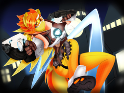 Size: 8000x6000 | Tagged: safe, artist:handmantoot, spitfire, anthro, plantigrade anthro, g4, absurd resolution, crossover, female, overwatch, solo, tracer