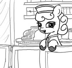 Size: 640x600 | Tagged: safe, artist:ficficponyfic, oc, oc only, earth pony, pony, colt quest, cash register, clothes, counter, cyoa, eyeshadow, female, hat, lips, makeup, mare, shelf, shelves, shoes, solo, story included, waitress, window