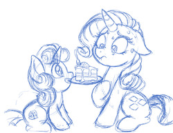 Size: 1280x989 | Tagged: safe, artist:latecustomer, rarity, sweetie belle, g4, cake, cute, cutie mark, eyes on the prize, floppy ears, food, grin, mouth hold, nervous, rarity looking at food, sitting, sketch, smiling, sweat, the cmc's cutie marks, wide eyes