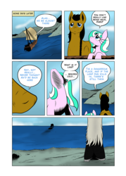 Size: 931x1300 | Tagged: safe, artist:darkhestur, oc, oc only, oc:dark, oc:dustlight, comic, dialogue, ocean, off text, panels, ship, shores